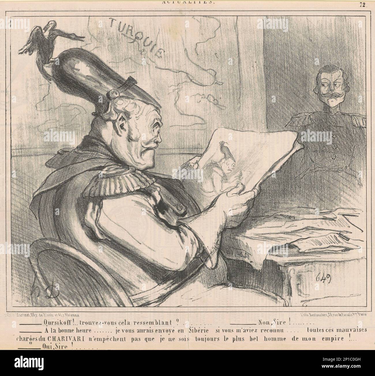Oursikoff!..trouvez-vous cela ressemblant?, 19th century. Satire on the Crimean War. [Russian emperor]: Oursikoff! do you think this is a good likeness? [Oursikoff]: No, sire! [Emperor]: just as well...I would have sent you to Siberia if you'd recognised me...all these terrible Charivari accusations won't stop me being the most handsome man in my empire! [Oursikoff]: Yes, sire! Stock Photo
