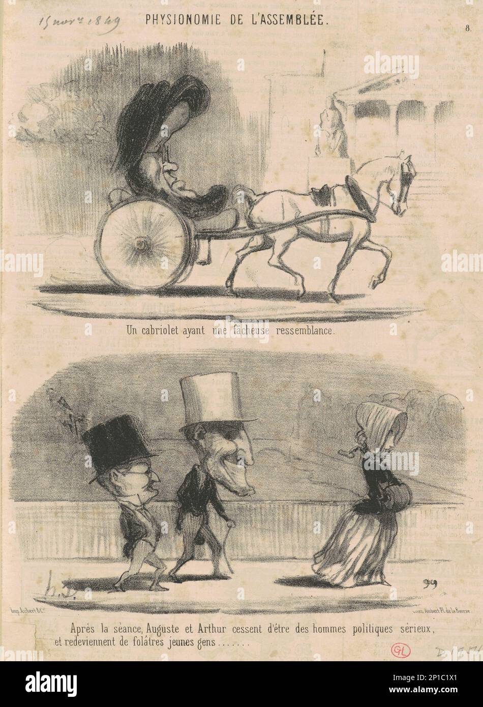 Un cabriolet ayant une facheuse ressemblance ..., 19th century.Physiogomy of the Assembly - A convertible with a striking resemblance... After the session Augustus and Arthur cease to be serious politicians and become exuberant young men again. Stock Photo