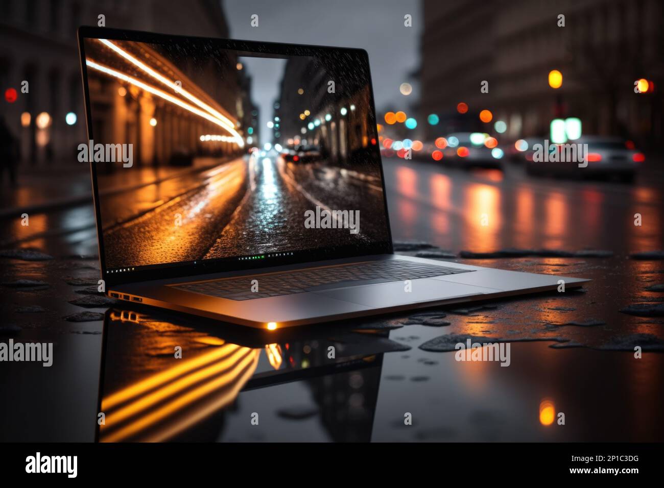 A laptop computer sitting on top of a wet surface in the rain at night