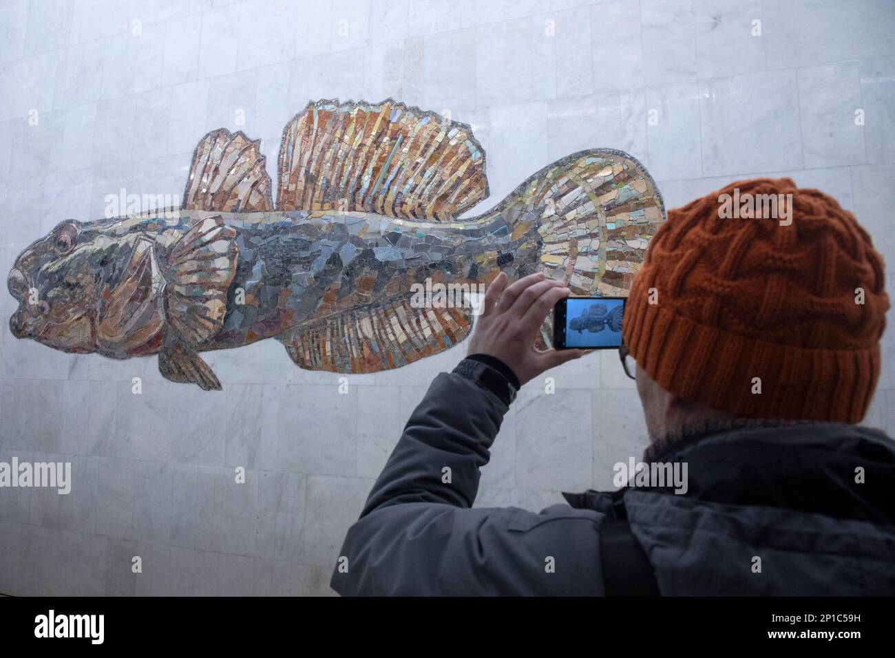 Moscow, Russia. 3rd of March, 2023. A man takes a photo of a fish mural