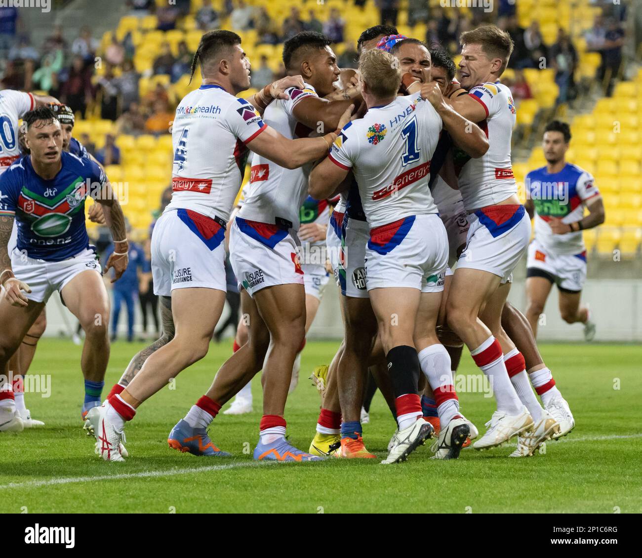 Wellington, New Zealand. 3rd Mar, 2023. Tempers flare as Warriors get angry with Lachlan Miller (1 Newcastle)