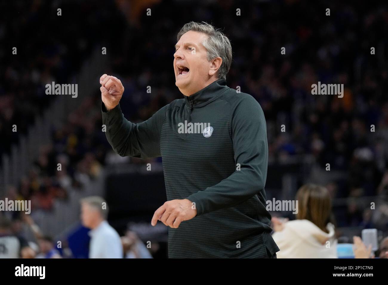 Minnesota Timberwolves head coach Chris Finch during an NBA basketball game against the Golden State Warriors in San Francisco, Sunday, Feb. 26, 2023. (AP Photo/Jeff Chiu) Stock Photo