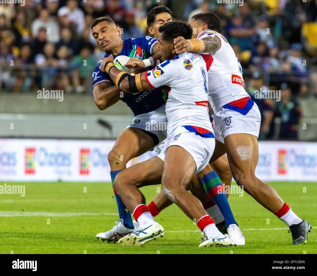 Wellington, New Zealand. 3rd Mar, 2023. Daniel Safiti (8 Newcastle Knights) strong in defence