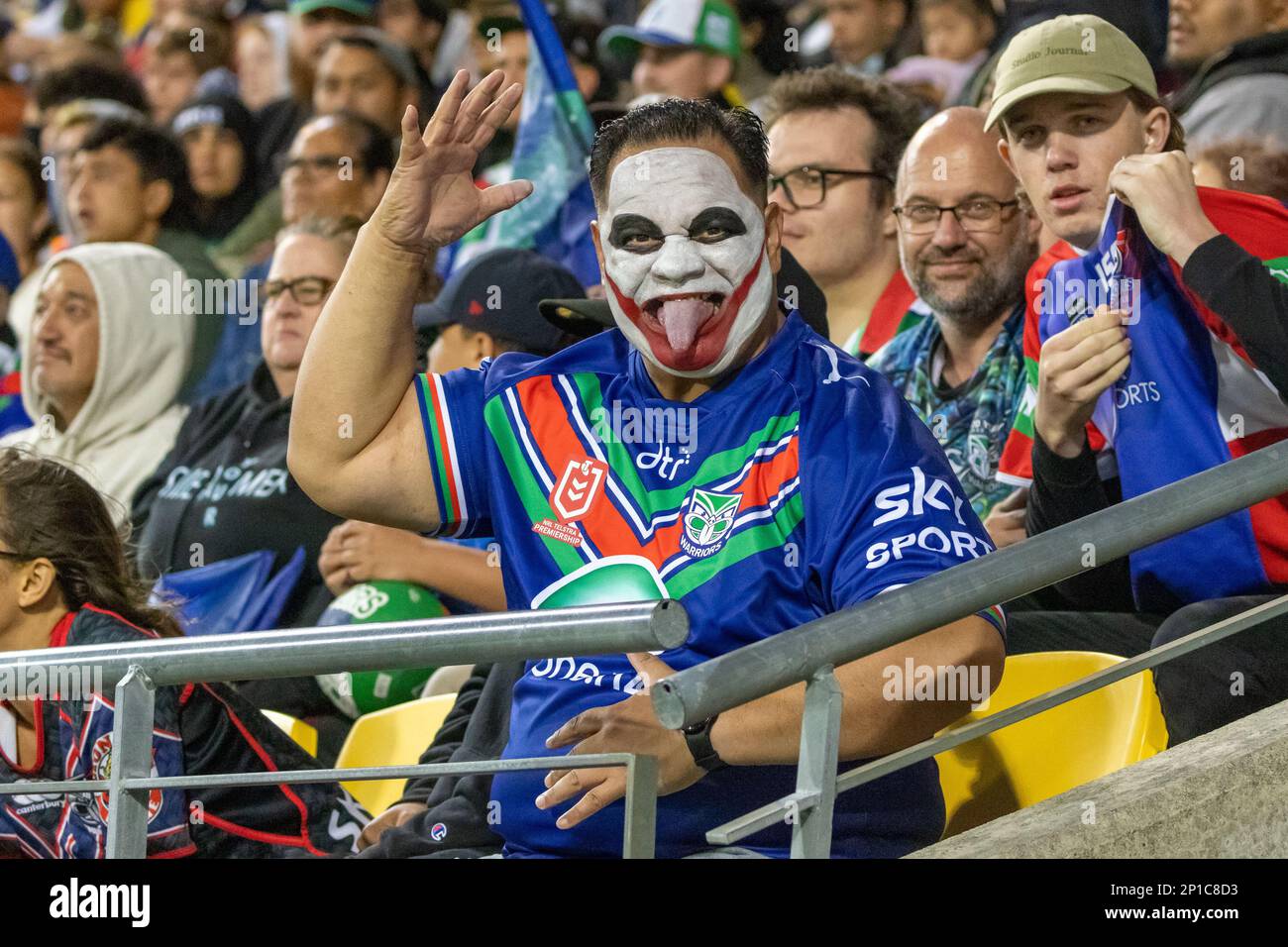 Wellington, New Zealand. 3rd Mar, 2023. Passionate Warriors fan all painted up. New Zealand