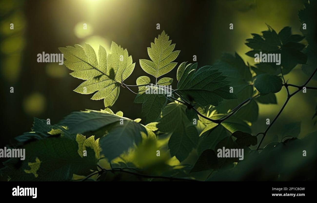 A leafy tree branch with the sun shining through the leaves on it's