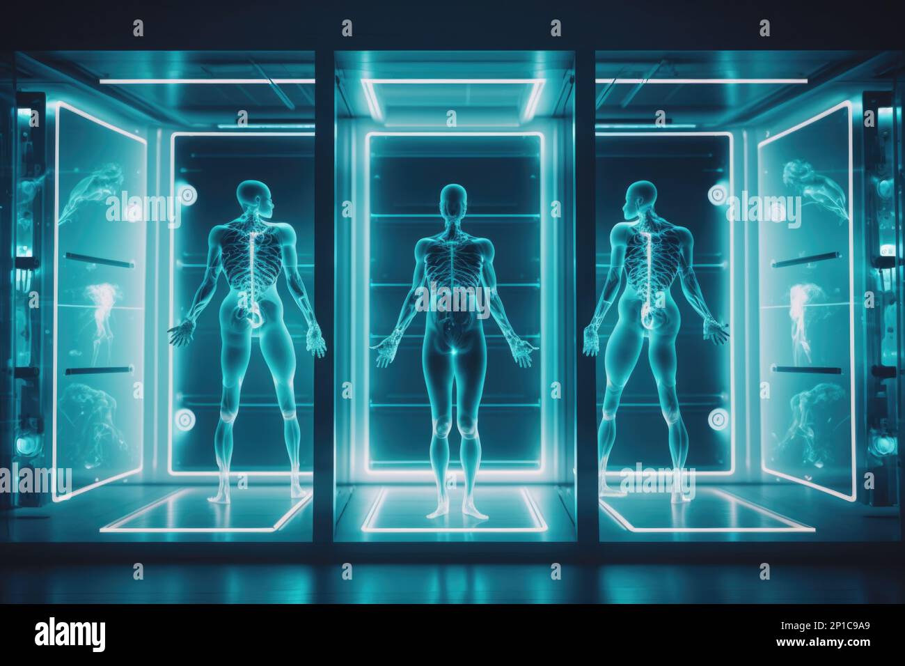 A futuristic display of human body in a glass case with neon lights and