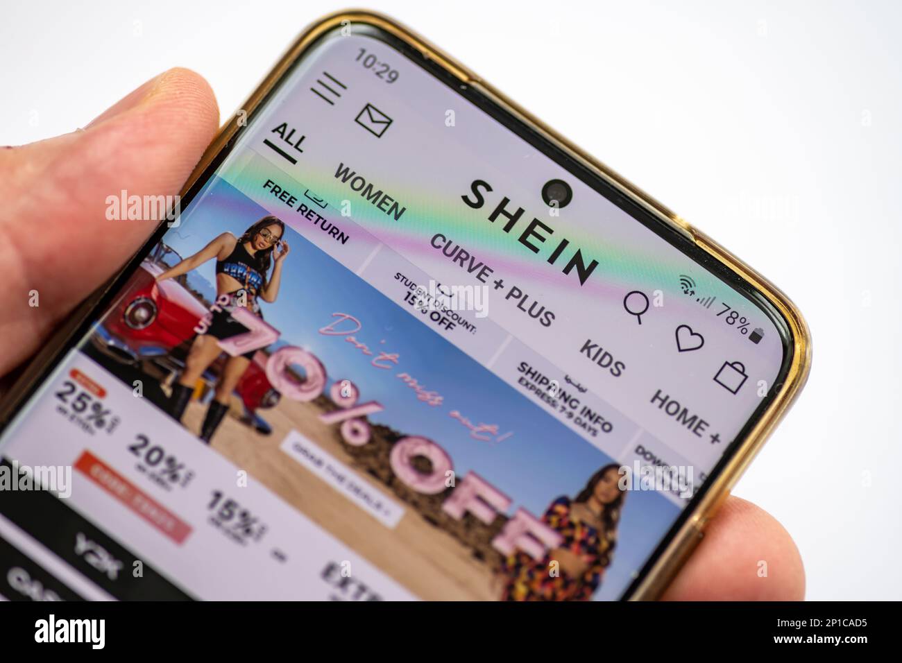 London. UK- 03.01.2023. The online wed pages of the fast fashion retailer giant Shein on a smartphone. Stock Photo
