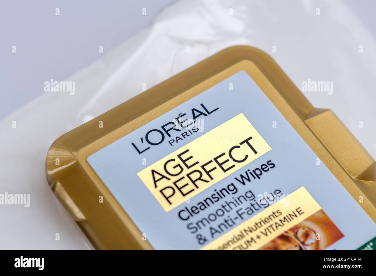 London. UK- 03.01.2023. Close up of a packet of Age Perfect cleaning wipes by Loreal. Stock Photo
