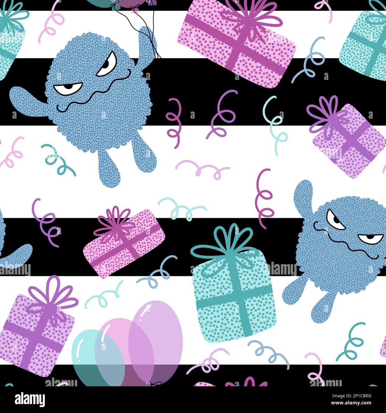 Cartoon monsters seamless birthday gift box and aliens and balloons pattern  for wrapping paper and kids clothes print and fabrics and linens and festi  Stock Photo - Alamy