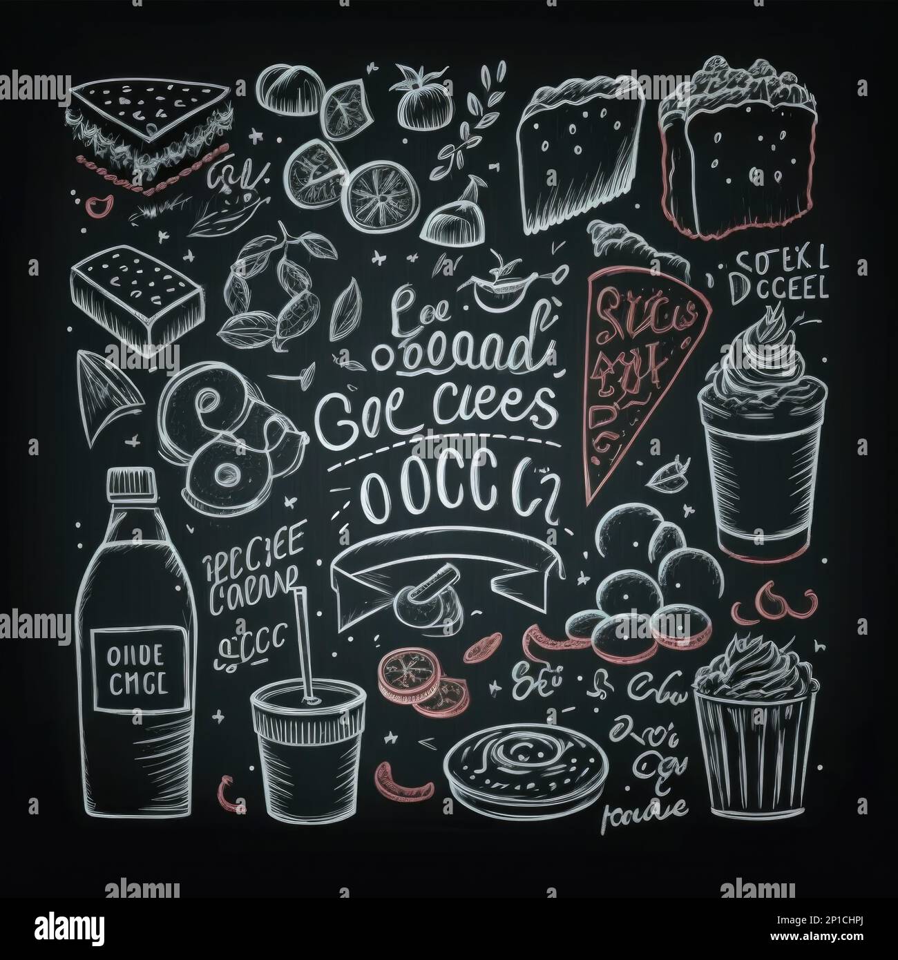 A chalkboard drawing of food and drinks on a blackboard background with