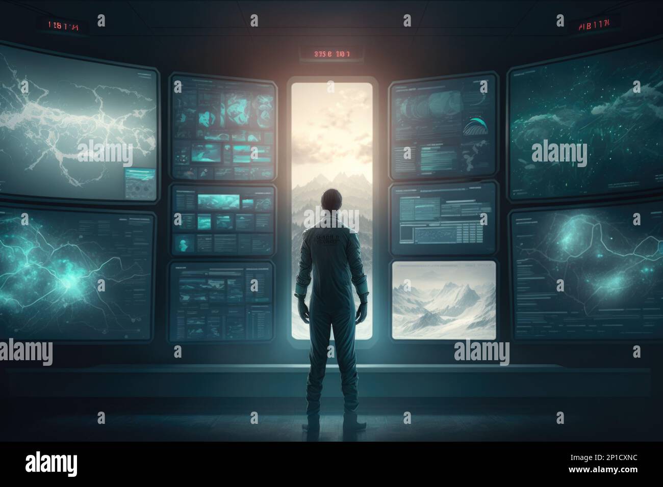 A man standing in front of a wall of monitors with lightnings on them