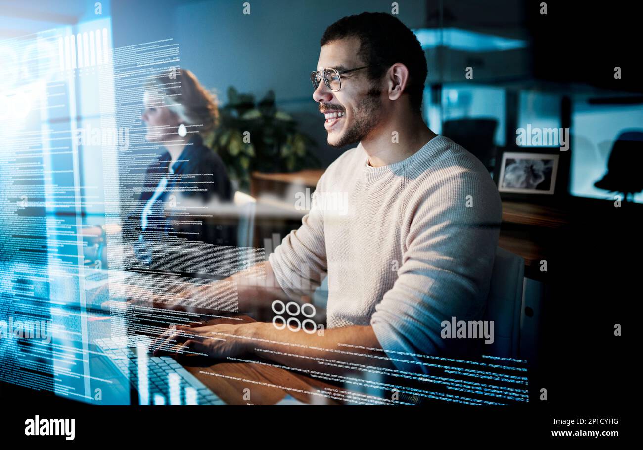 Writing the perfect code. Cropped shot of computer programmers working on new code. Stock Photo