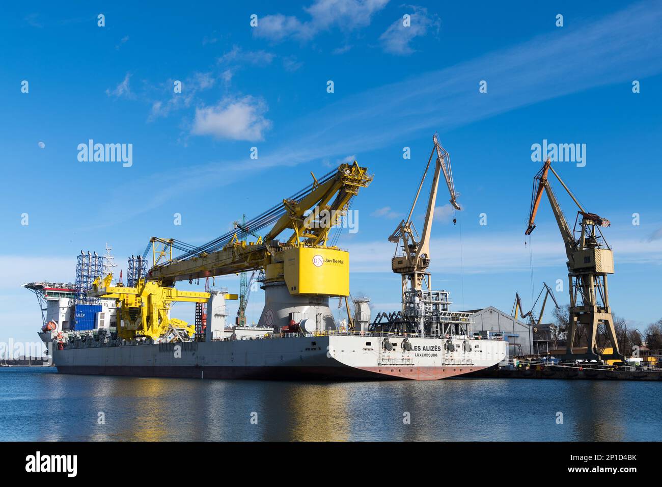 Gdansk Poland. 3 March 2023. Remontowa Shipyard in Gdansk. Offshore Installation Crane Vessel Les Alizes owned by Belgian Jan De Nul Group is equipped with a crane having a lifting capacity of