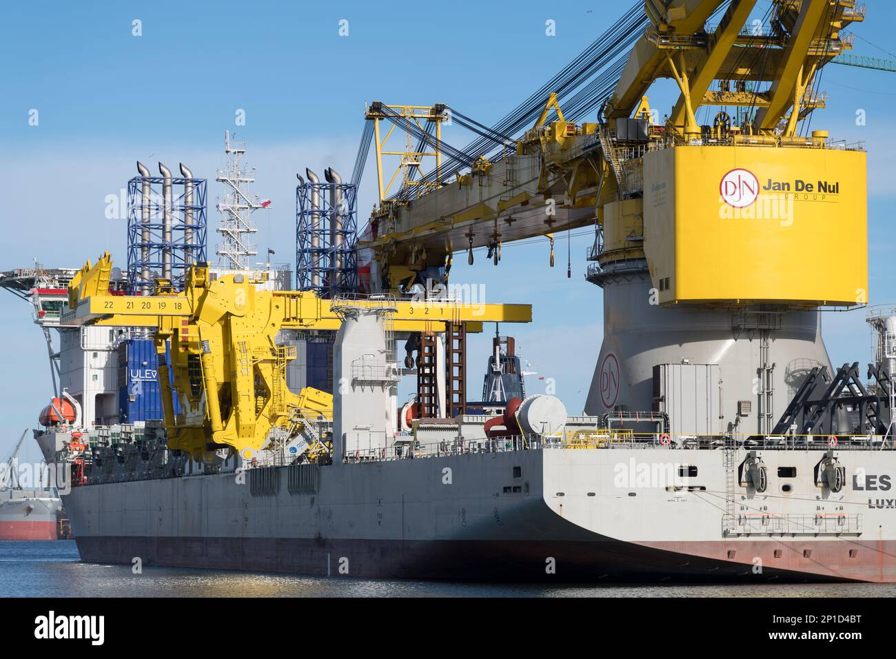 Gdansk Poland. 3 March 2023. Remontowa Shipyard in Gdansk. Offshore Installation Crane Vessel Les Alizes owned by Belgian Jan De Nul Group is equipped with a crane having a lifting capacity of