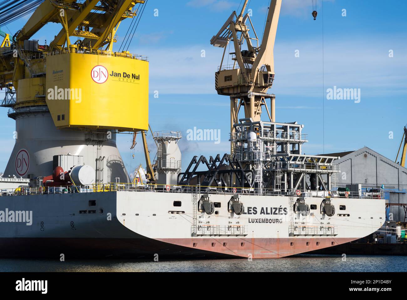 Gdansk Poland. 3 March 2023. Remontowa Shipyard in Gdansk. Offshore Installation Crane Vessel Les Alizes owned by Belgian Jan De Nul Group is equipped with a crane having a lifting capacity of