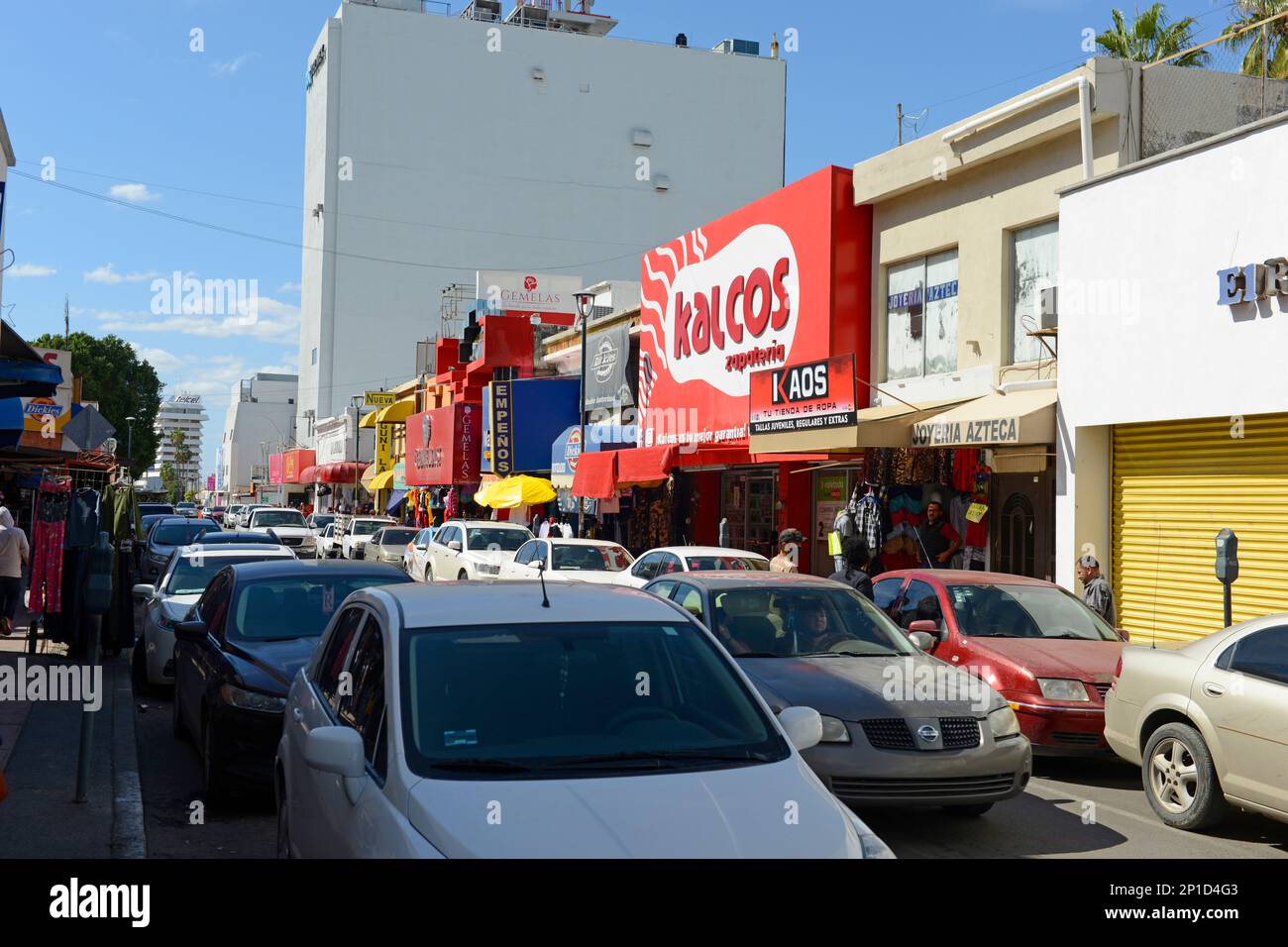 Retail stores and restaurants in the shopping district in Hermosillo, Mexico Stock Photo