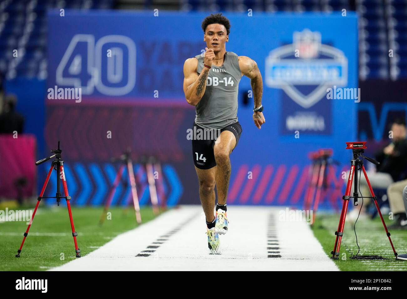 Oregon defensive back Christian Gonzalez runs a drill at the NFL