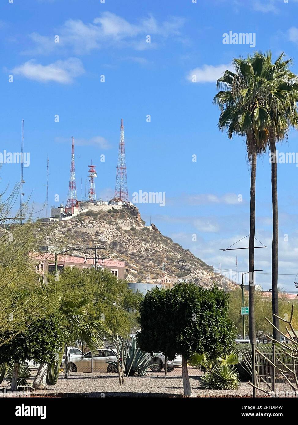 TV towers atop Cerro de la CampanaHill - Hill of the Bell in Hermosillo in Mexico Stock Photo