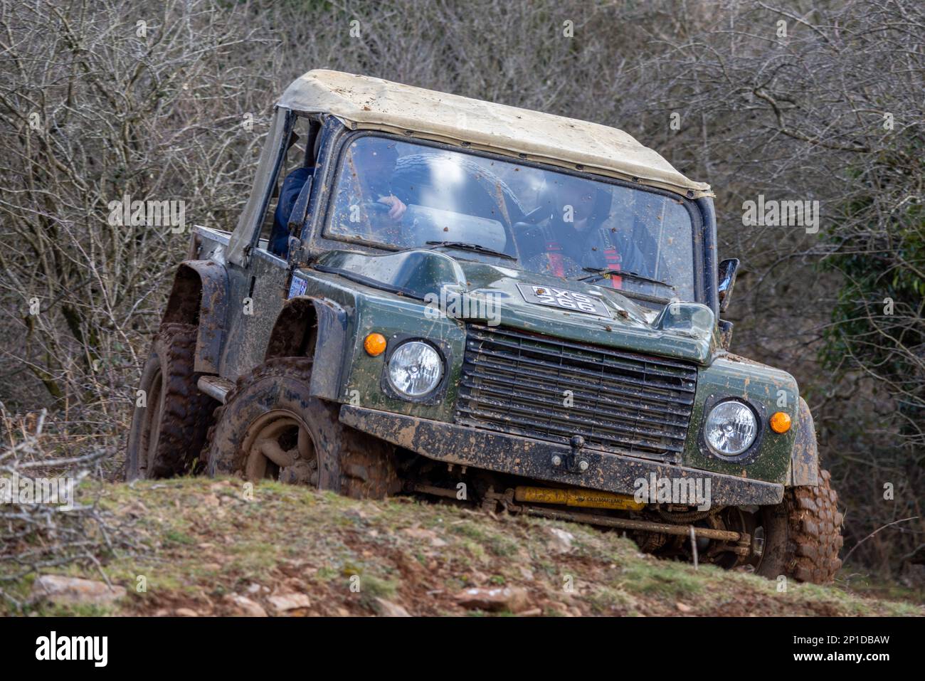 February 2023 - Land Rover Defender 90 taking part in an ADWC off road trial  at Chewton Mendip in Somerset, UK Stock Photo - Alamy