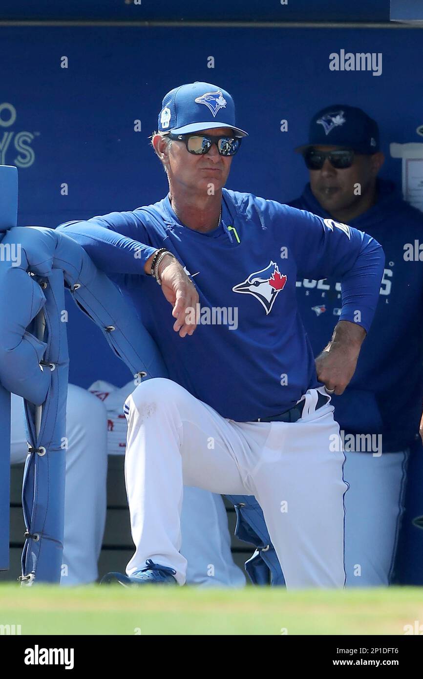 DUNEDIN, FL - MARCH 03: Toronto Blue Jays Bench Coach Don Mattingly (23)  watches the action on the field during the spring training game between the  Tampa Bay Rays and the Toronto