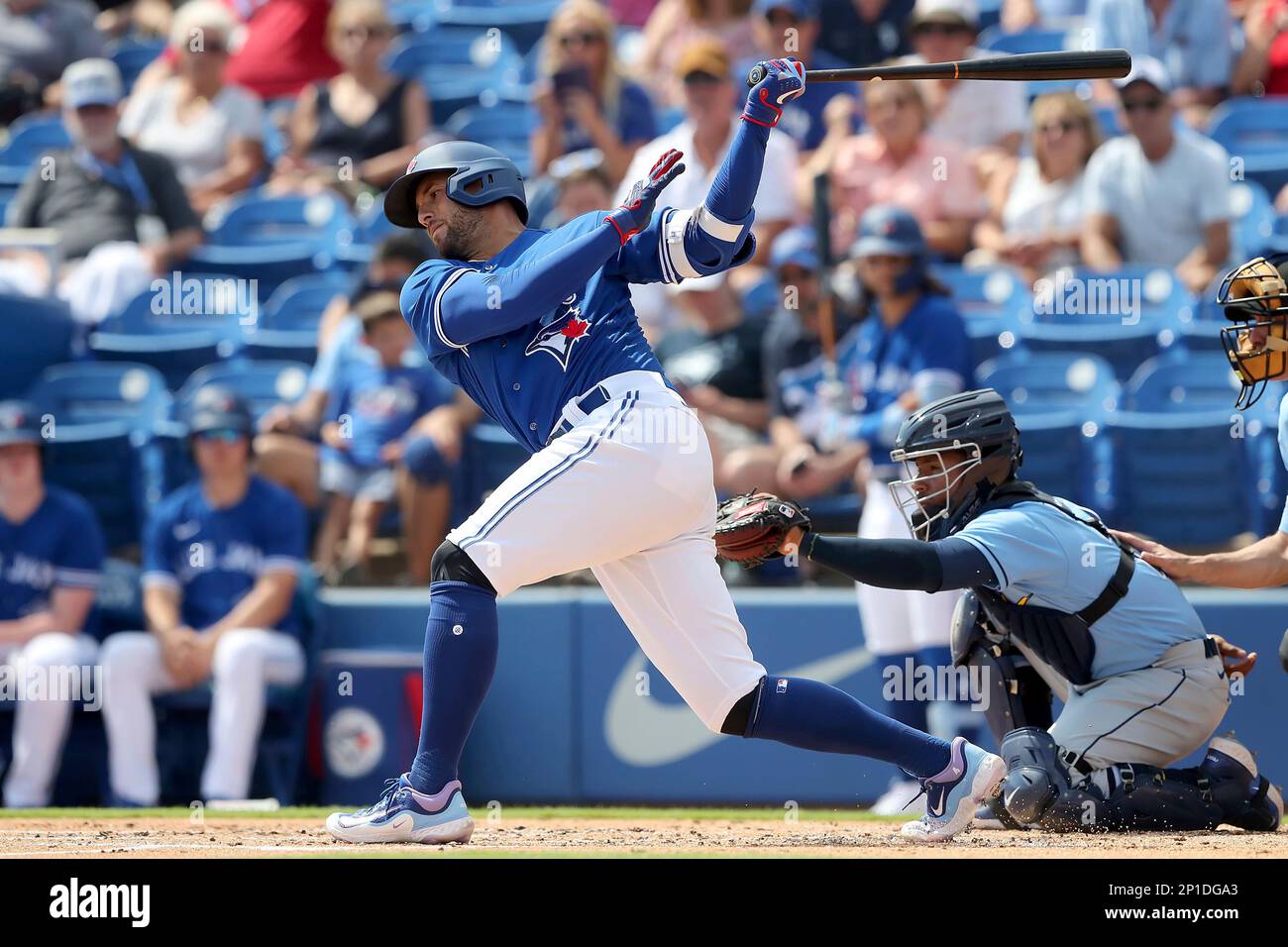 DUNEDIN, FL - MARCH 03: Toronto Blue Jays Bench Coach Don Mattingly (23)  watches the action on the field during the spring training game between the  Tampa Bay Rays and the Toronto