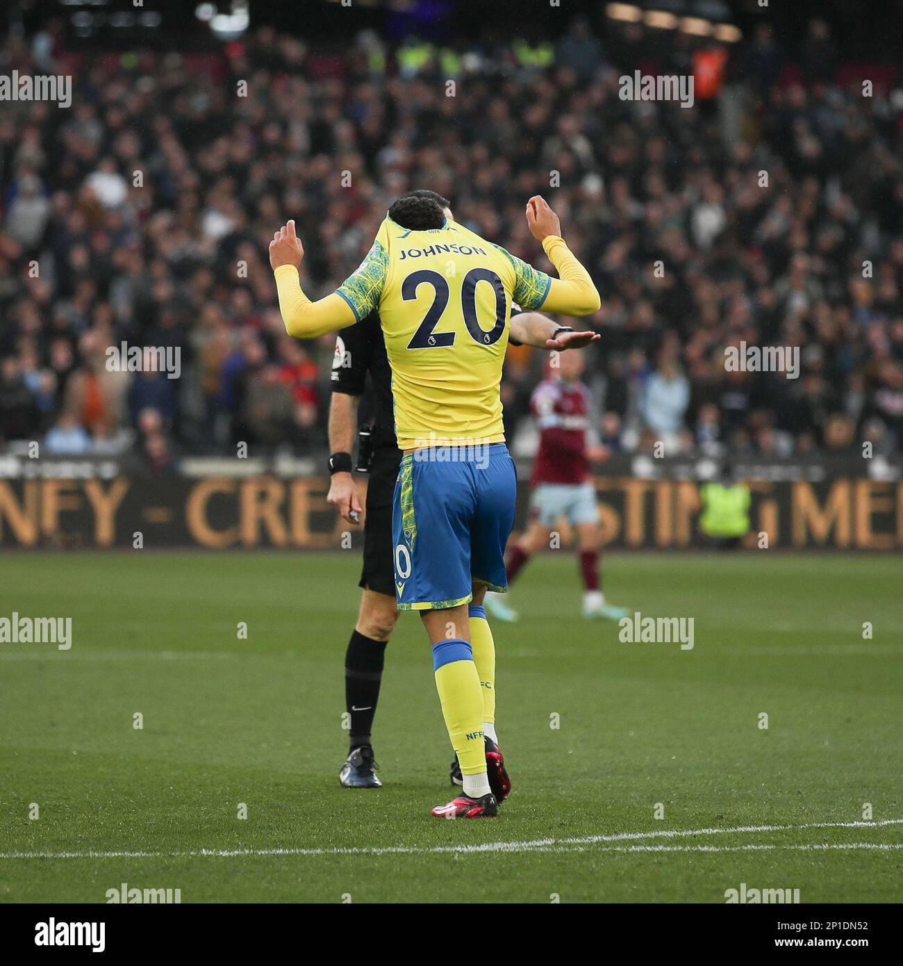 London, UK. 26th Feb, 2023. Brennan Johnson of Nottingham Forest rues