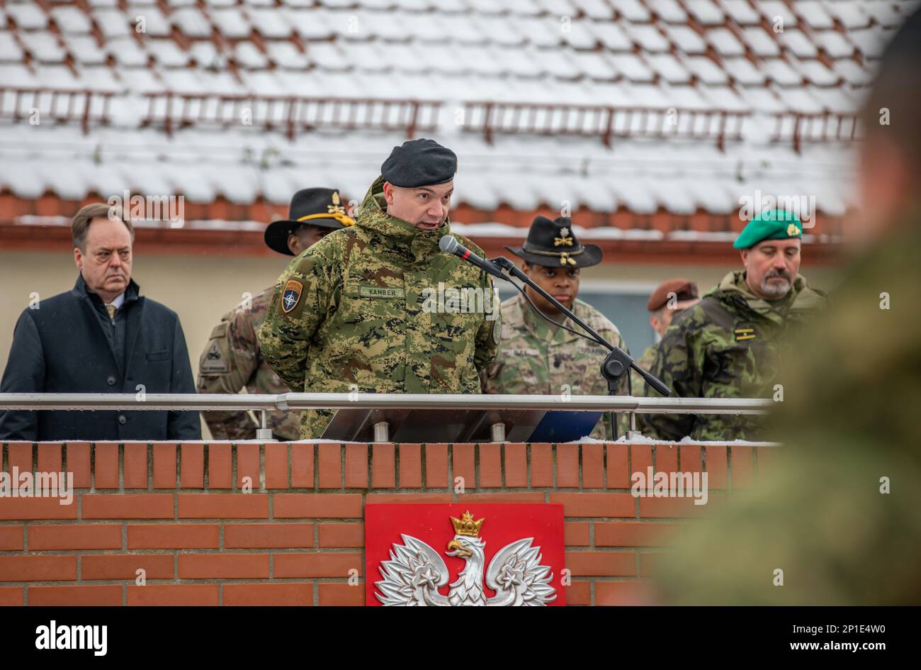 Croatian army Maj. Ivan Kamber, incoming commander of the 11th Croatian Contingent, Panzer Battery, assigned to the NATO enhanced Forward Presence Battle Group Poland, delivers a speech during the Hand Over, Take Over ceremony in Bemowo Piskie, Poland, Jan. 24, 2023. The Croatian army is among other units assigned to the 1st Infantry Division, proudly working alongside NATO allies and regional security partners to provide combat-credible forces to V Corps, America's forward deployed corps in Europe. Stock Photo