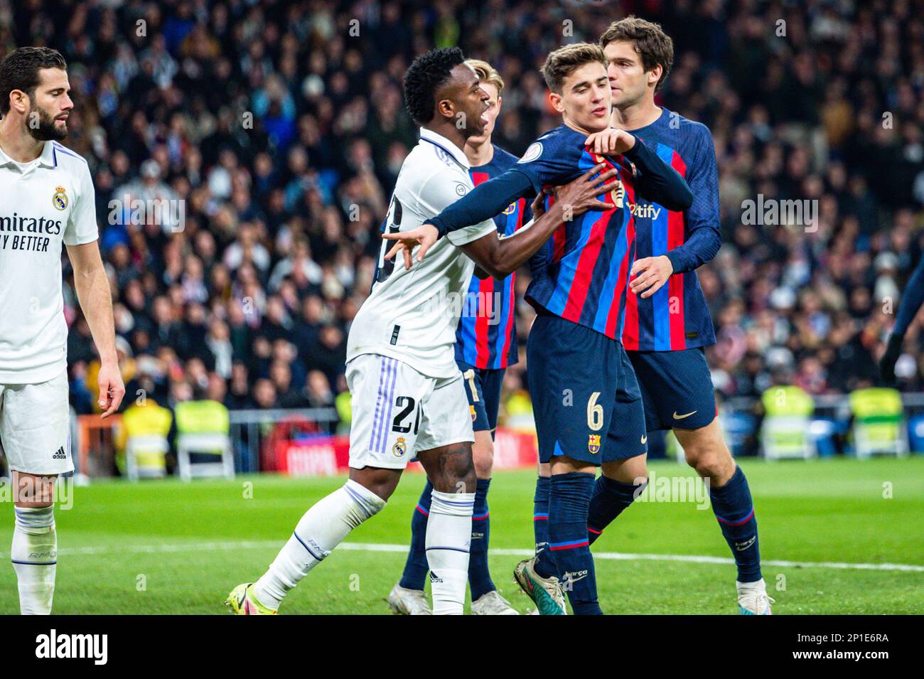 March 2, 2023, Madrid, Spain: Vini?cius Ju?nior (Real Madrid) and Gavi  (Barcelona) arguing each other during the football match between
Real  Madrid and Barcelona valid for the semifinal of the Ã¢â‚¬Å“Copa del  ReyÃ¢â‚¬Â