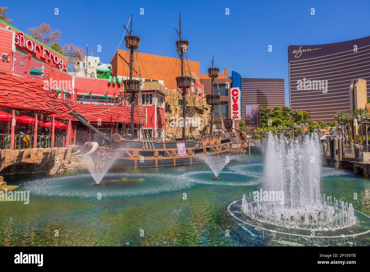 Beautiful view of artificial pond with pirate ship and fountains Treasure Island hotel in Las Vegas on the Strip. Las Vegas. USA. Stock Photo