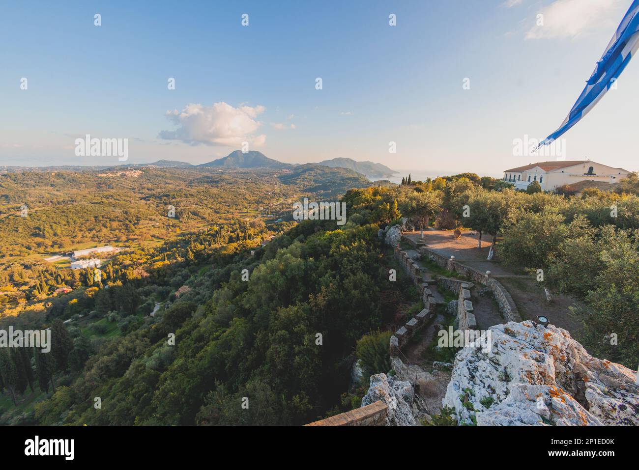 View of Kaiser's Throne observation deck lookout, Pelekas village, Corfu island, Greece, Kaiser William II summit Observatory panoramic summer view wi Stock Photo