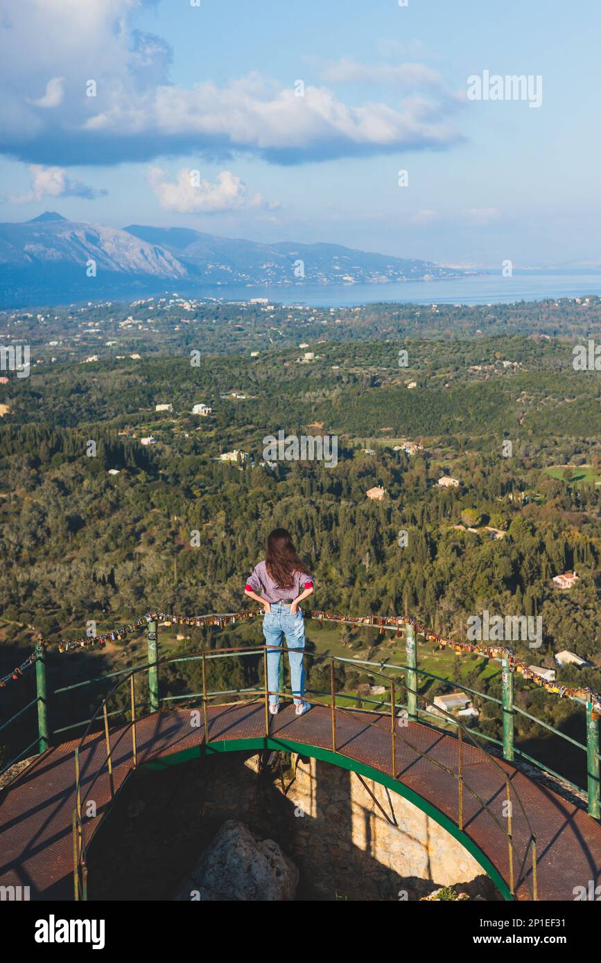View of Kaiser's Throne observation deck lookout, Pelekas village, Corfu island, Greece, Kaiser William II summit Observatory panoramic summer view wi Stock Photo
