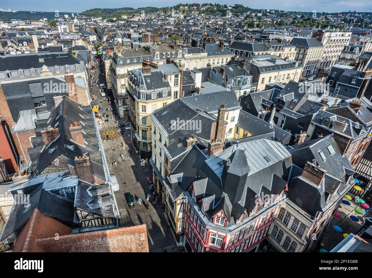 view over the roofs of Rouen from the belfry of the Gros Horloge, the Graet Clock,  looking into Rue du Gros-Horloge, Rouen, Normandy, France Stock Photo