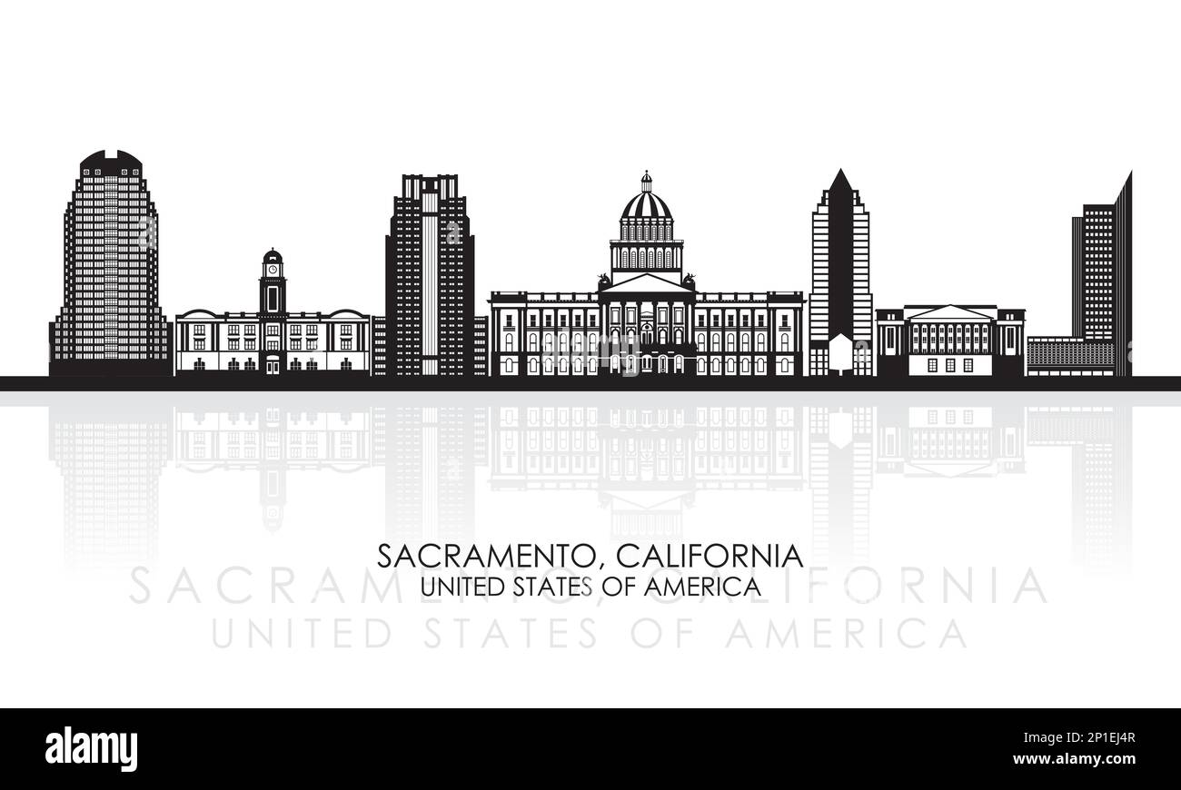 Silhouette Skyline panorama of Sacramento, California, United States