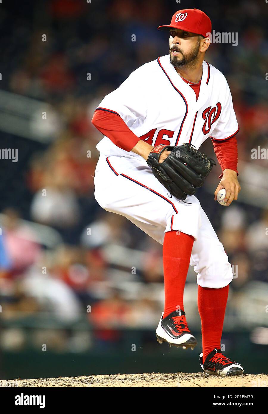 April 26 2016: Washington Nationals relief pitcher Oliver Perez (46) during  a MLB game at Nationals Park, in Washington D.C.Phillies defeated the  Nationals 4-3.(Photo by Tony Quinn/Iconsportswire) (Icon Sportswire via AP  Images