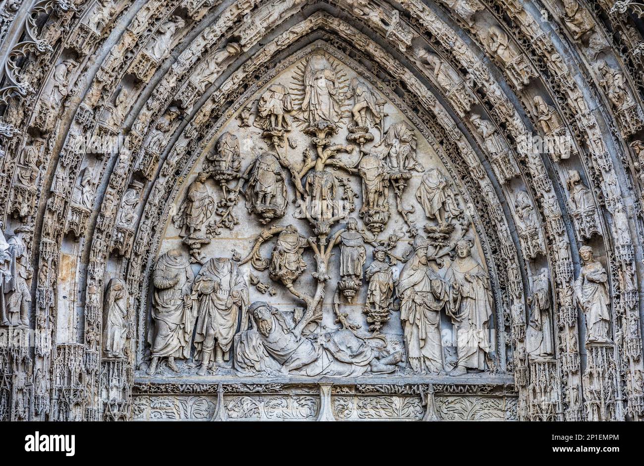 Tympanum of the central portal of Rouen Cathedral with sculpture galleries, Rouen, Normandy, France; Stock Photo