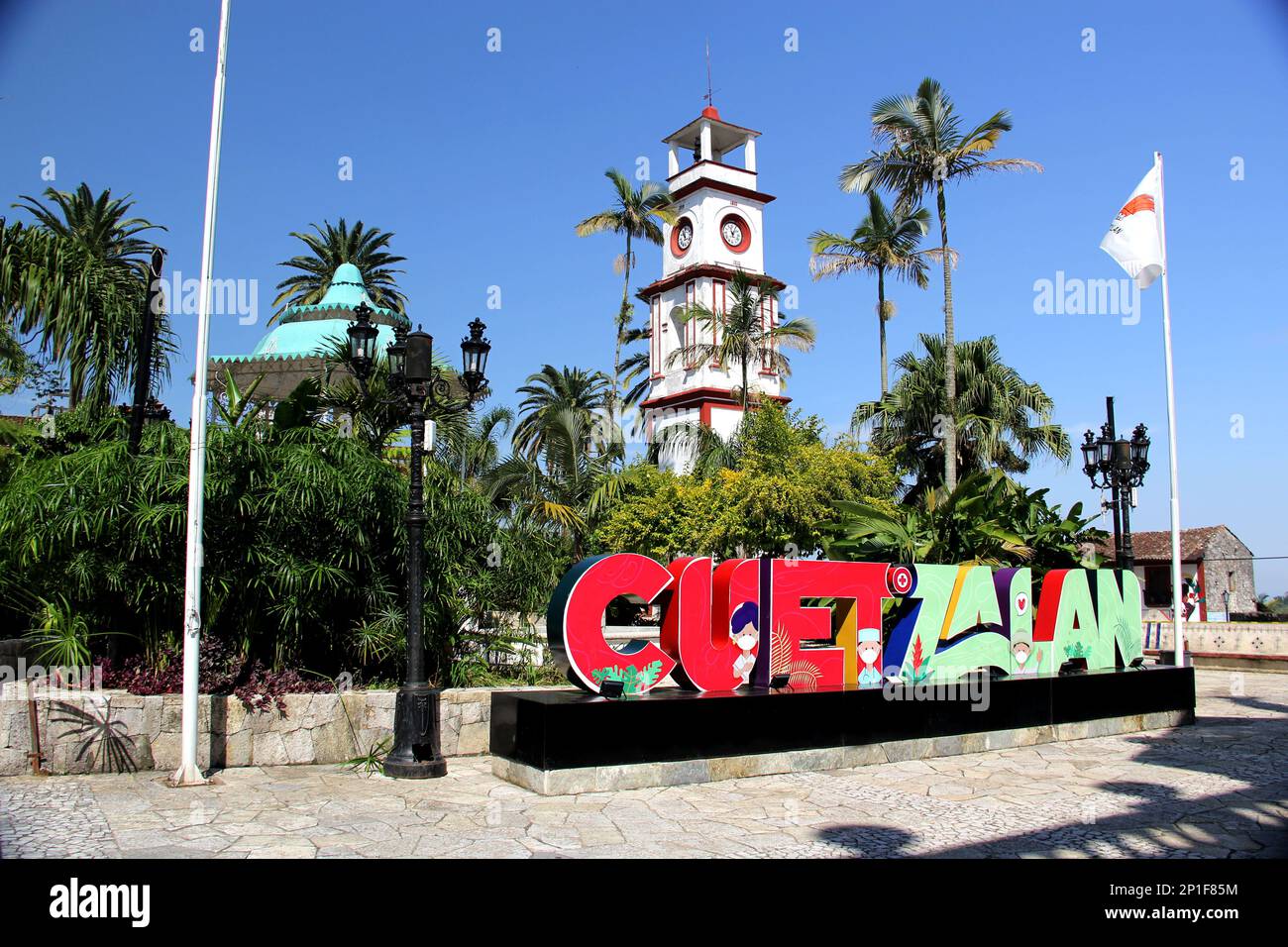 Downtown of the magical town Cuetzalan Pueblo with view of the government palace, kiosk and the church of San Francisco de Asis Stock Photo