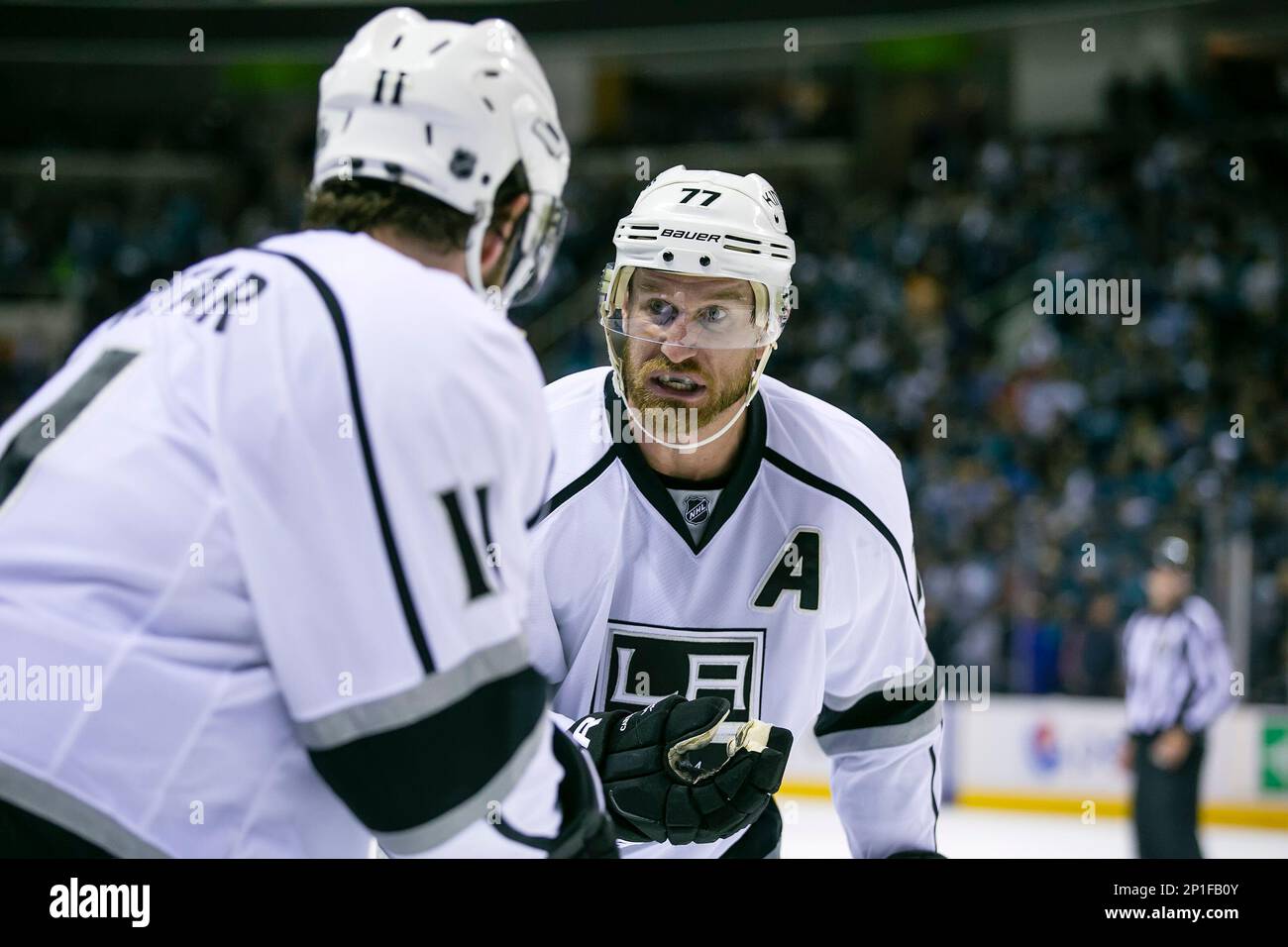 April 20, 2016 Los Angeles Kings center Jeff Carter (77) talks with Los Angeles Kings center Anze Kopitar (11) during the NHL Playoff hockey game between the Los Angeles Kings and the