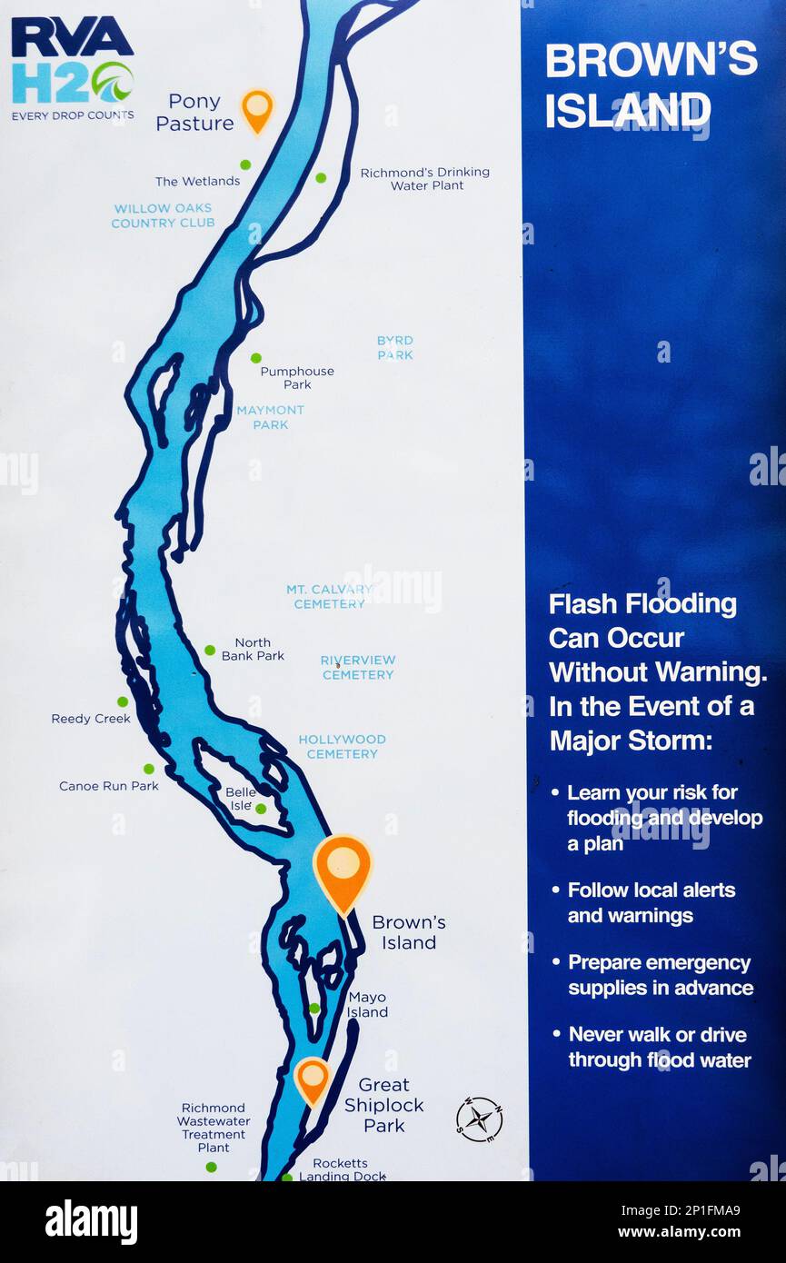 Map of Brown's island with flash flooding warnings in the event of a storm sign in Richmond Virginia Stock Photo