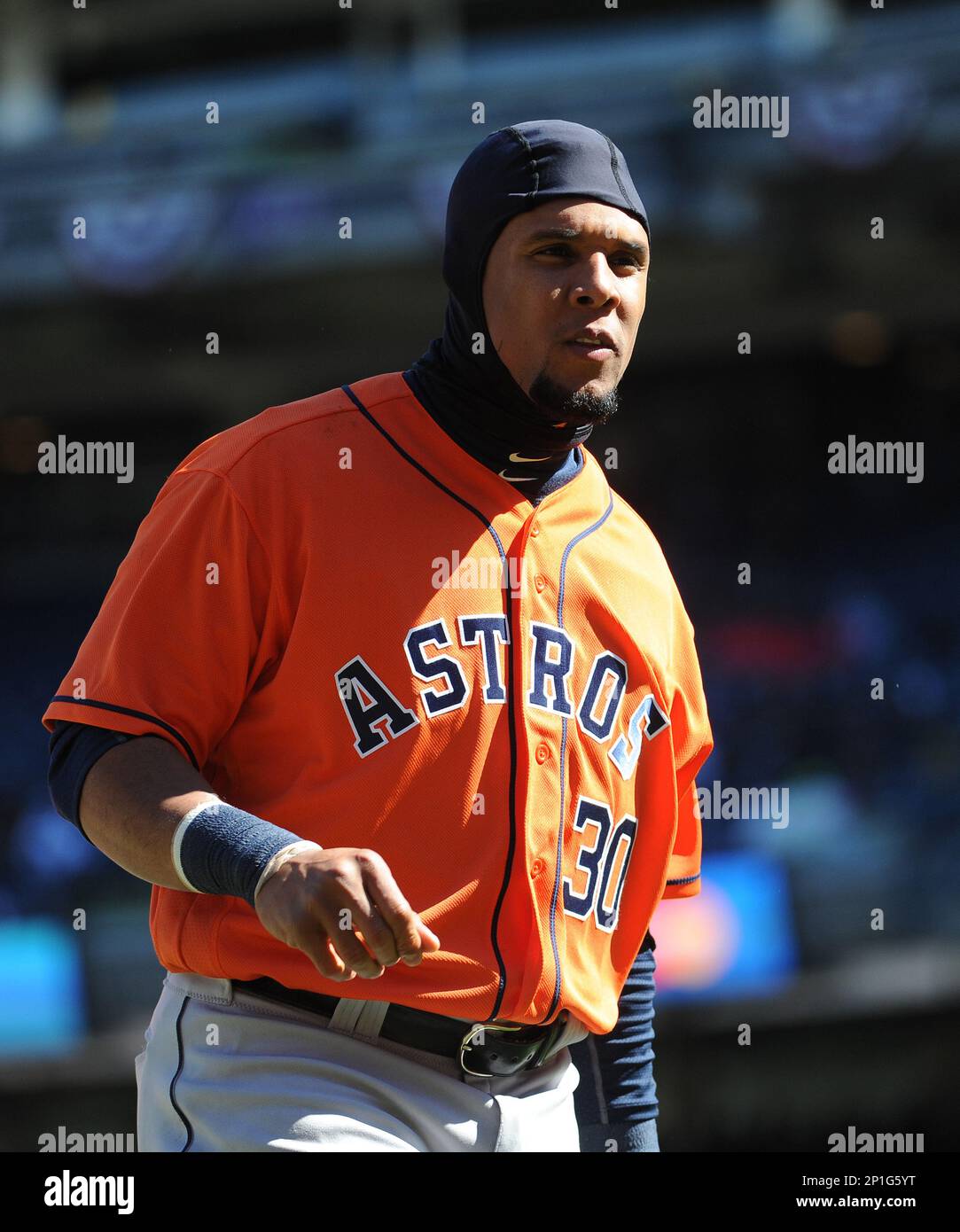 Houston Astros outfielder Carlos Gomez 30 during game against the New York Yankees at Yankee Stadium in Bronx New York on April 5 2016. Astros defeated Yankees 5 3. Tomasso DeRosa via AP Stock Photo A...
