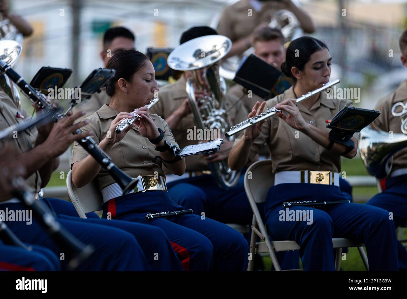 U.S. Marines with Marine Corps Forces Pacific Band perform for attendees during a live concert for the local community at Plaza de Espana, Hagatna, Guam, Jan. 23, 2023. The MARFORPAC Band participated in multiple community engagements during their visit to Guam as part of the Naval Support Activity, Marine Corps Base Camp Blaz Reactivation and Naming Ceremony. In order to encourage music education and showcase the vibrant history and tradition of military music, the band is active in providing clinics and concerts for the communities they serve. The MARFORPAC Band performs throughout the Indo- Stock Photo