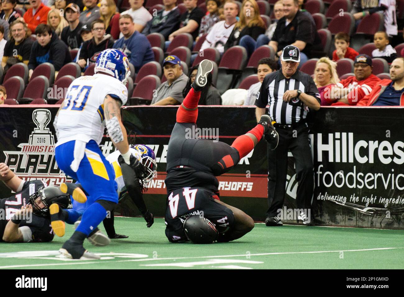 09 April 2016: Cleveland Gladiators DB Joe Powell (21) defends a pass  against Tampa Bay Storm WR Antoine T.T. Toliver (1) and Tampa Bay Storm WR  Phillip Barnett (11) during the first