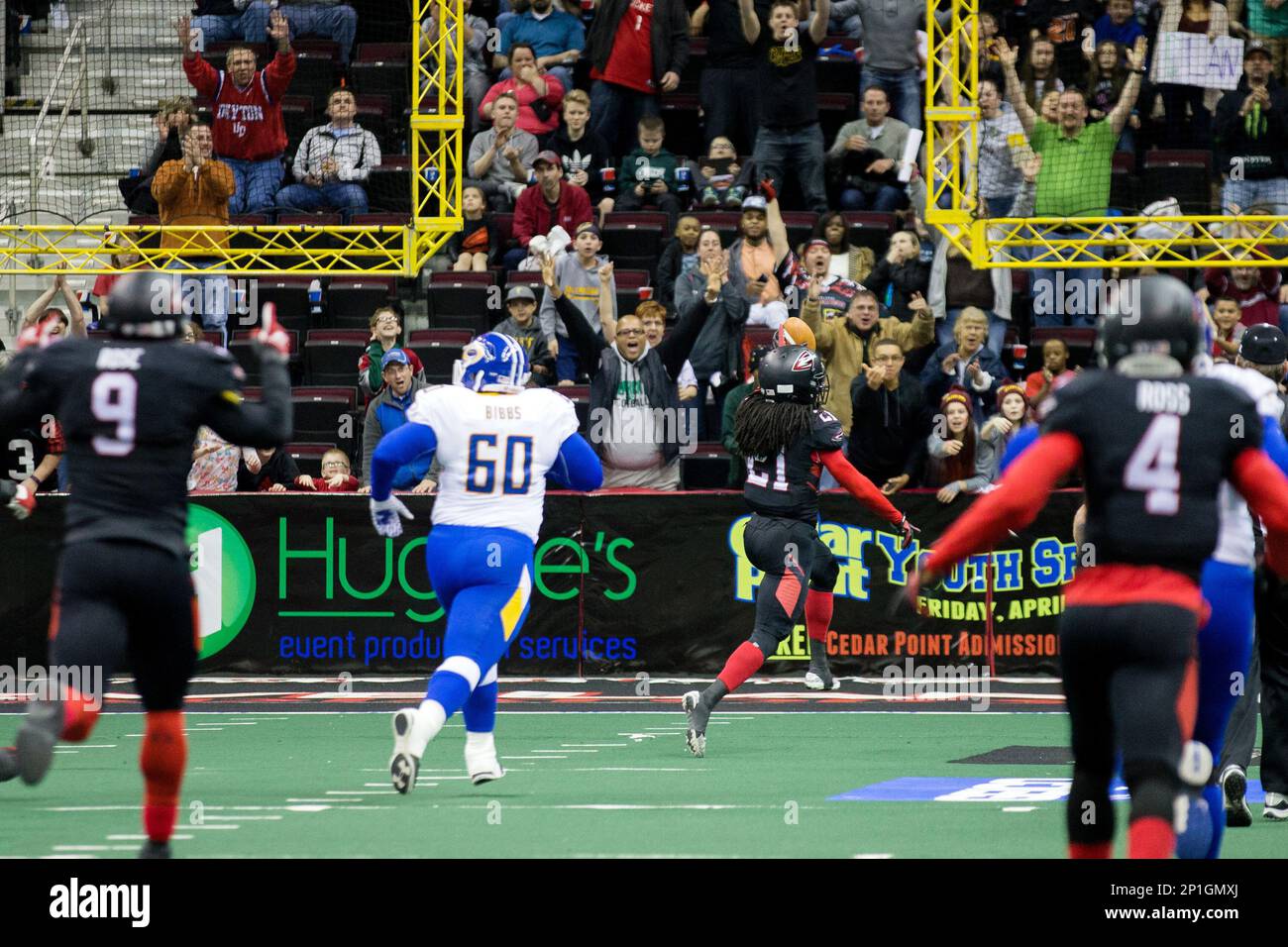 09 April 2016: Cleveland Gladiators DB Joe Powell (21) defends a pass  against Tampa Bay Storm WR Antoine T.T. Toliver (1) and Tampa Bay Storm WR  Phillip Barnett (11) during the first