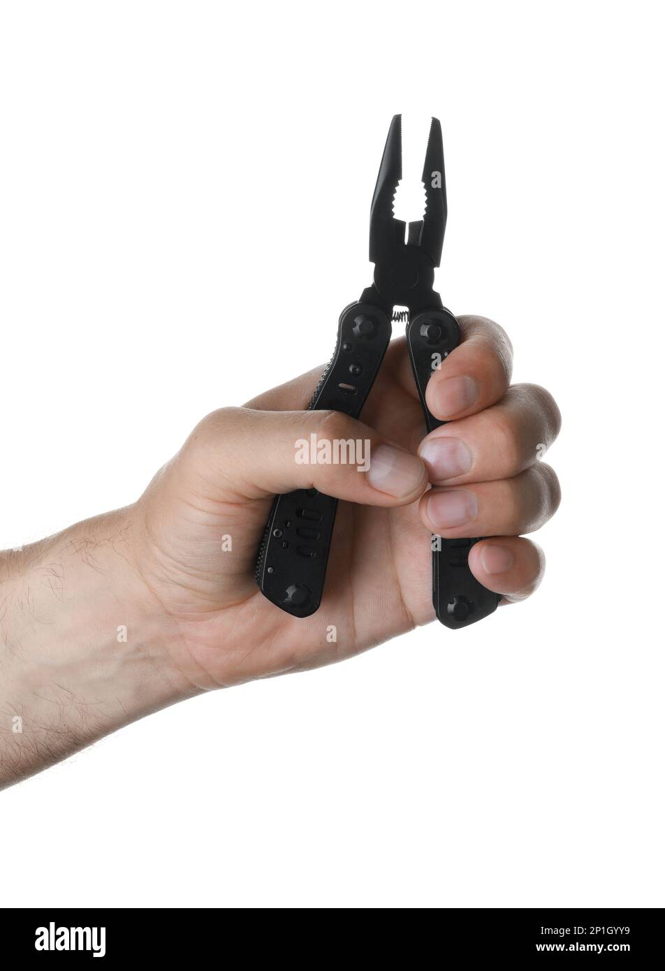 Man holding multitool on white background, closeup Stock Photo