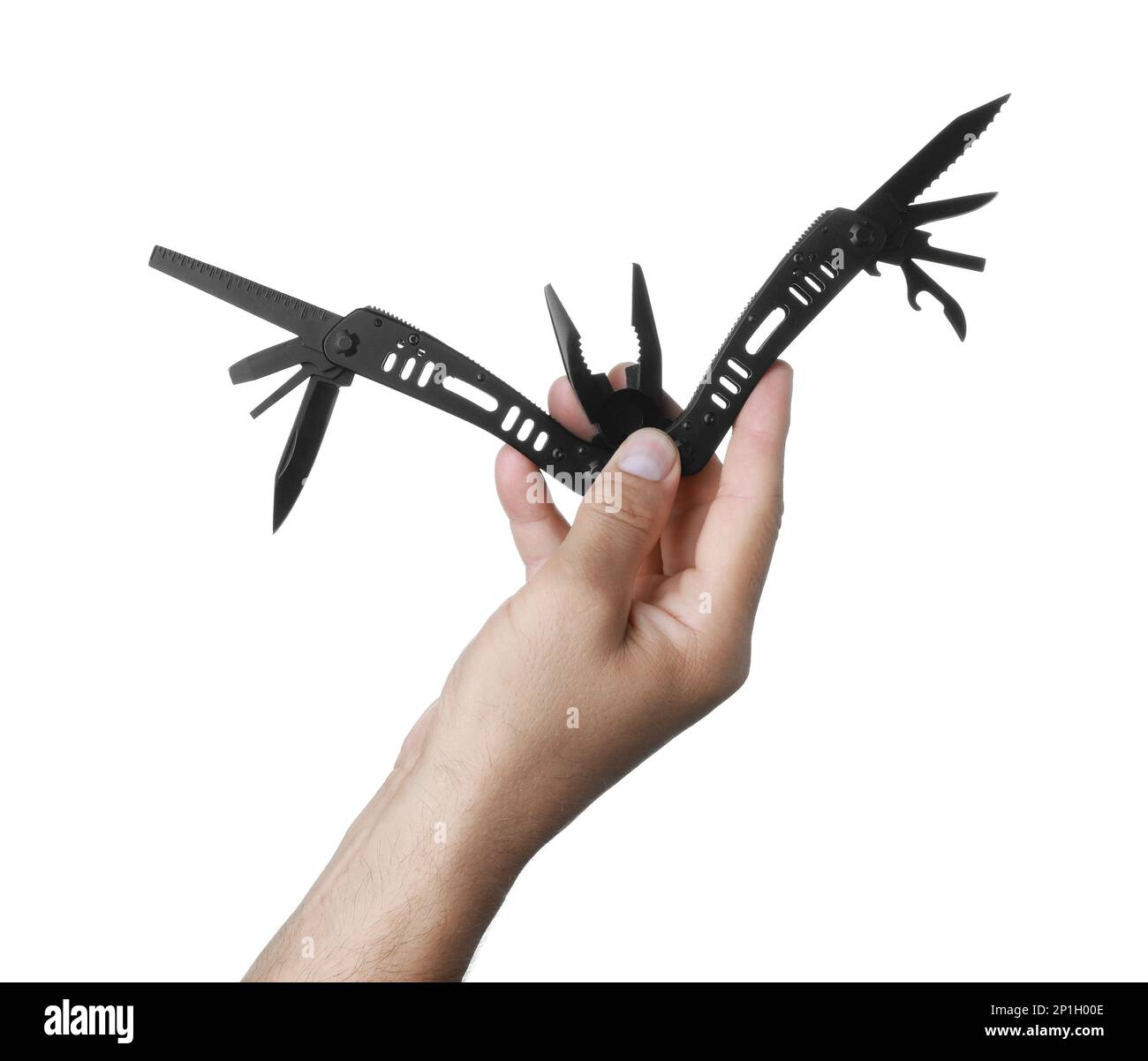 Man holding multitool on white background, closeup Stock Photo