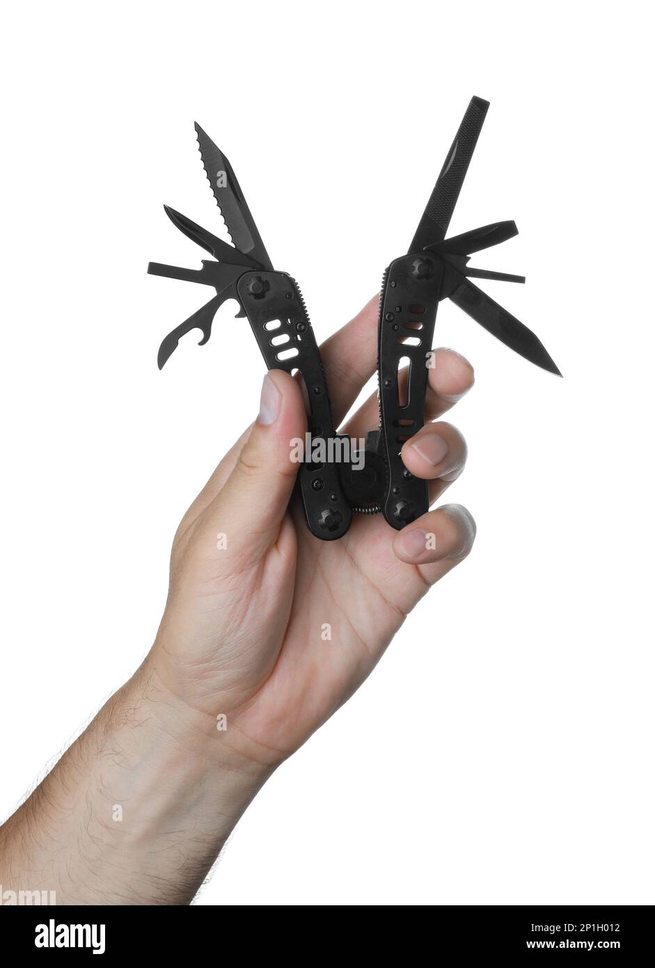 Man holding multitool on white background, closeup Stock Photo