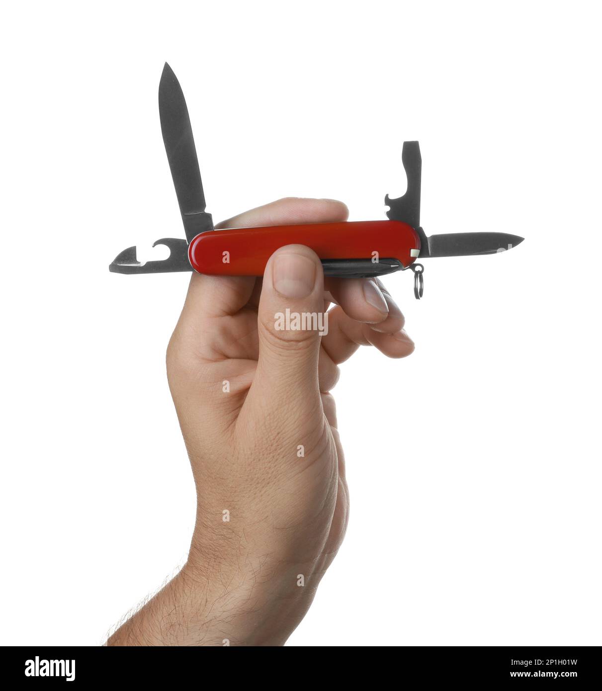 Man holding multitool on white background, closeup Stock Photo