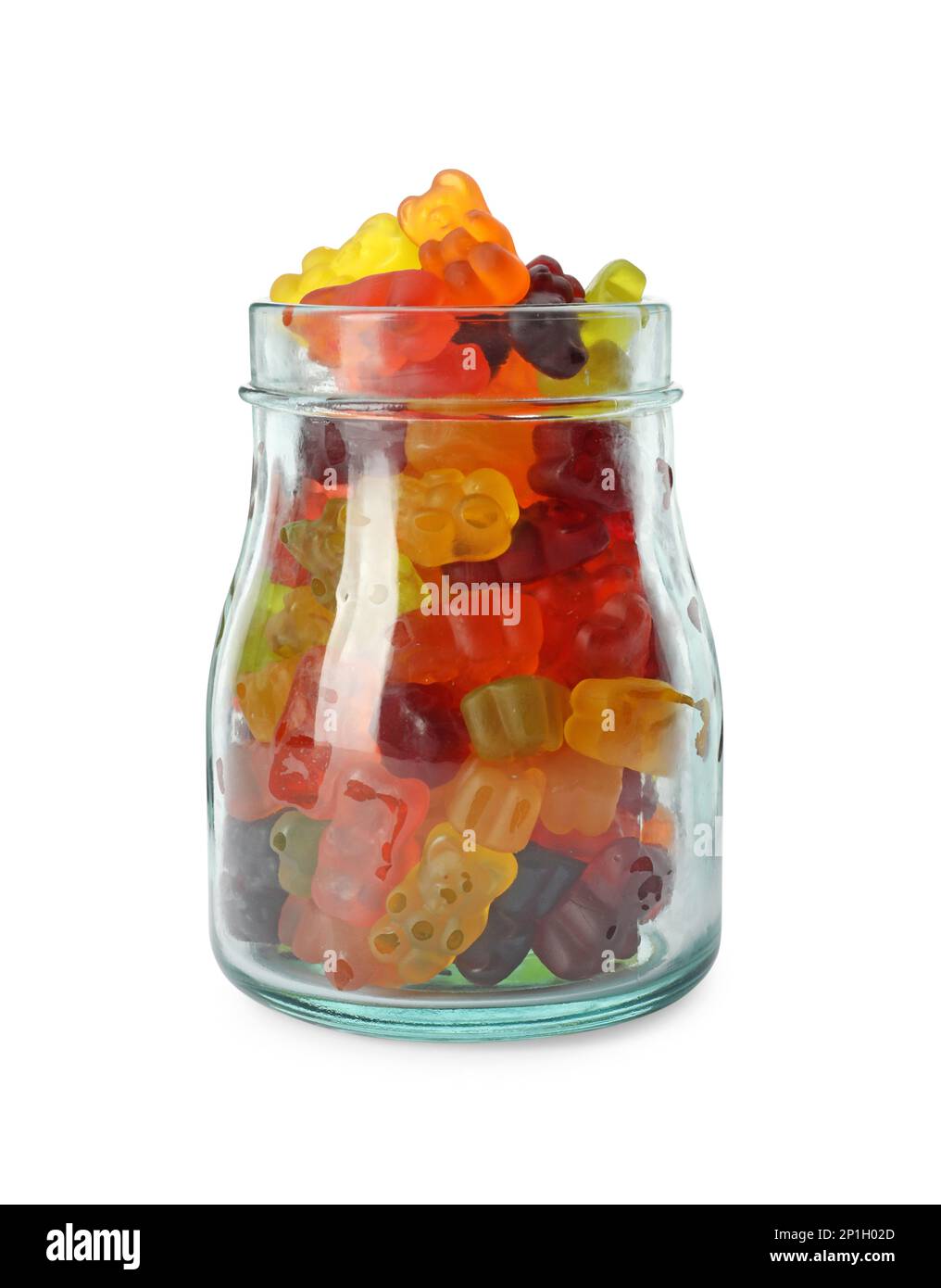 Delicious gummy bear candies in glass jar on white background Stock