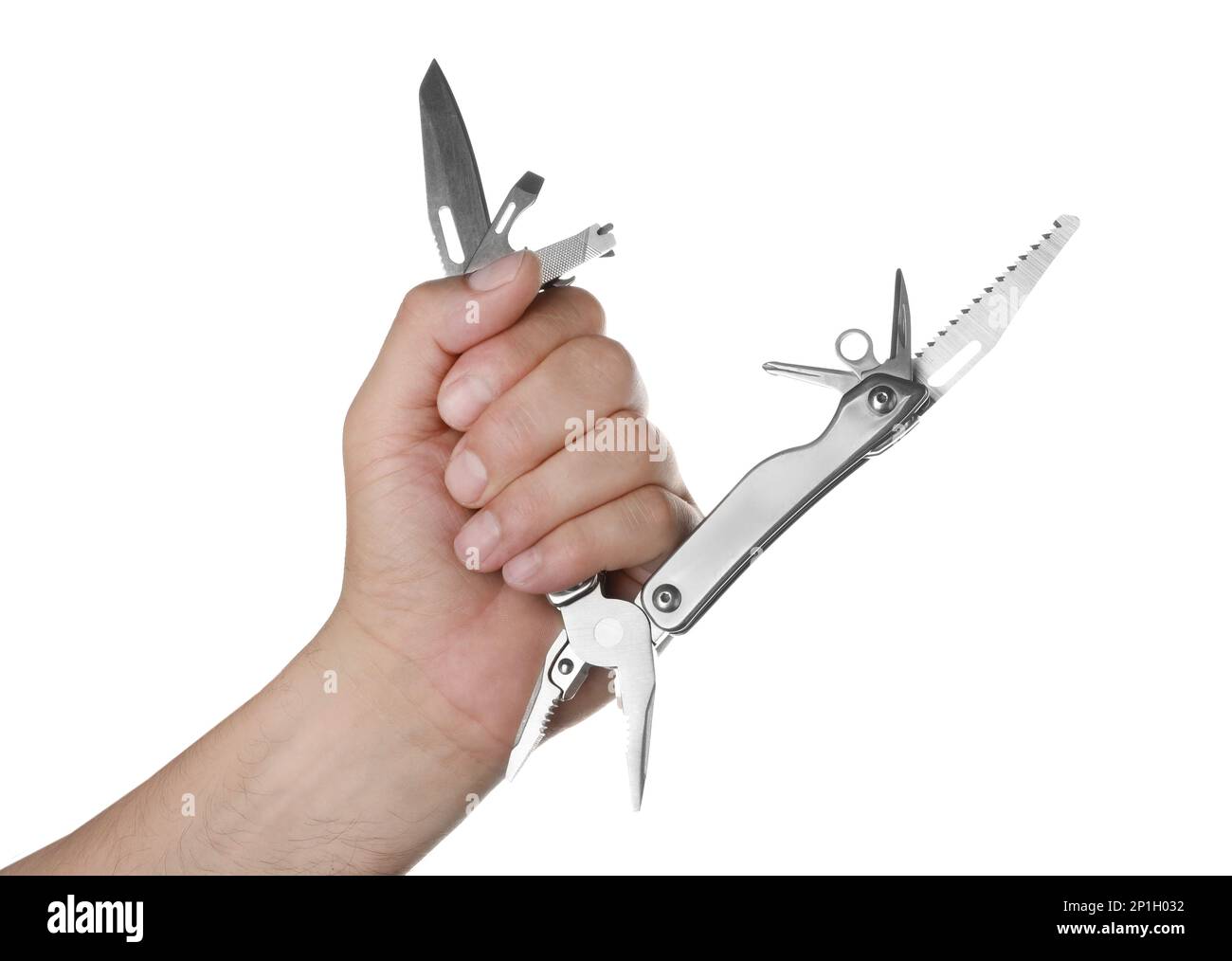 Man holding multitool on white background, closeup Stock Photo