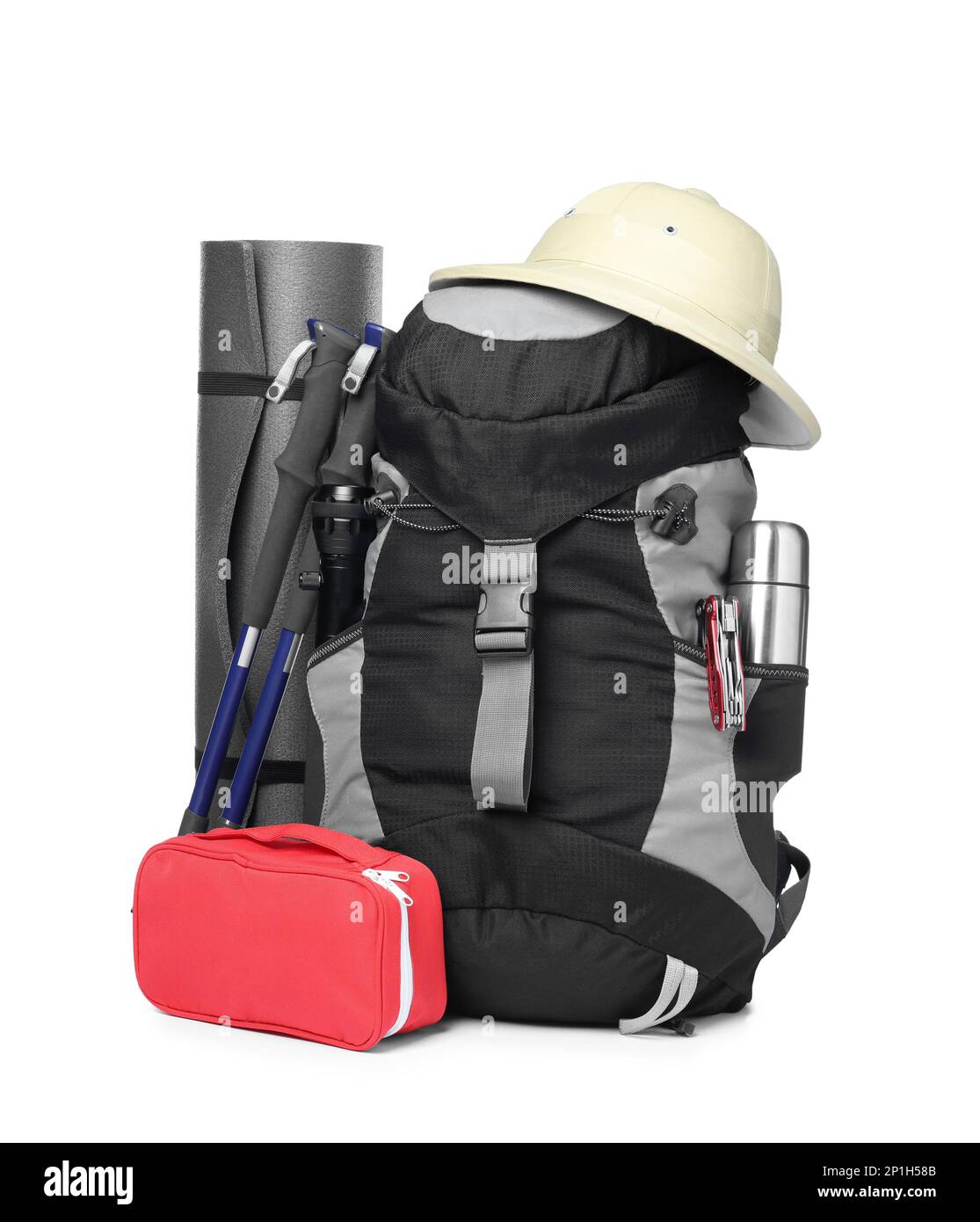 Set of camping equipment for tourist on white background Stock Photo