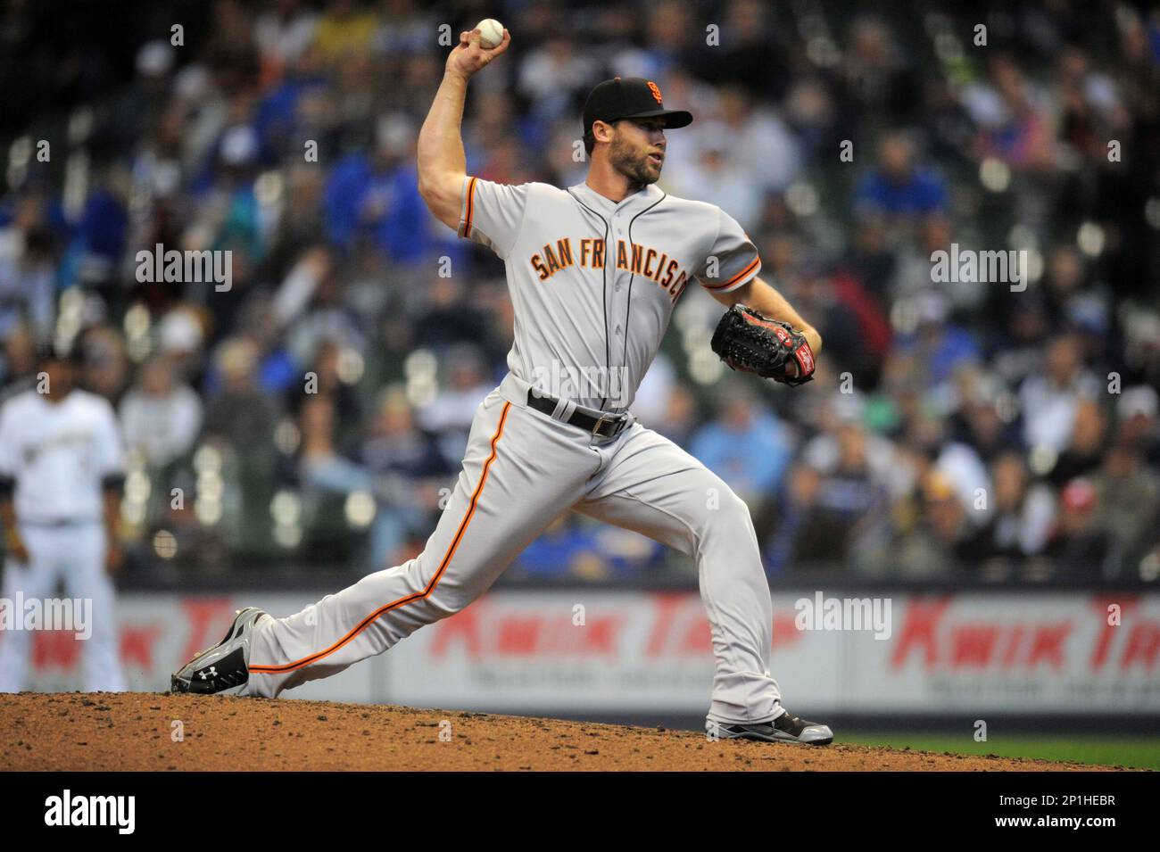 04 April 2016: San Francisco Giants Pitcher Hunter Strickland (60) [7245]  pitches during a game between the San Francisco Giants and Milwaukee  Brewers at Miller Park in Milwaukee, WI. (Photo by Patrick